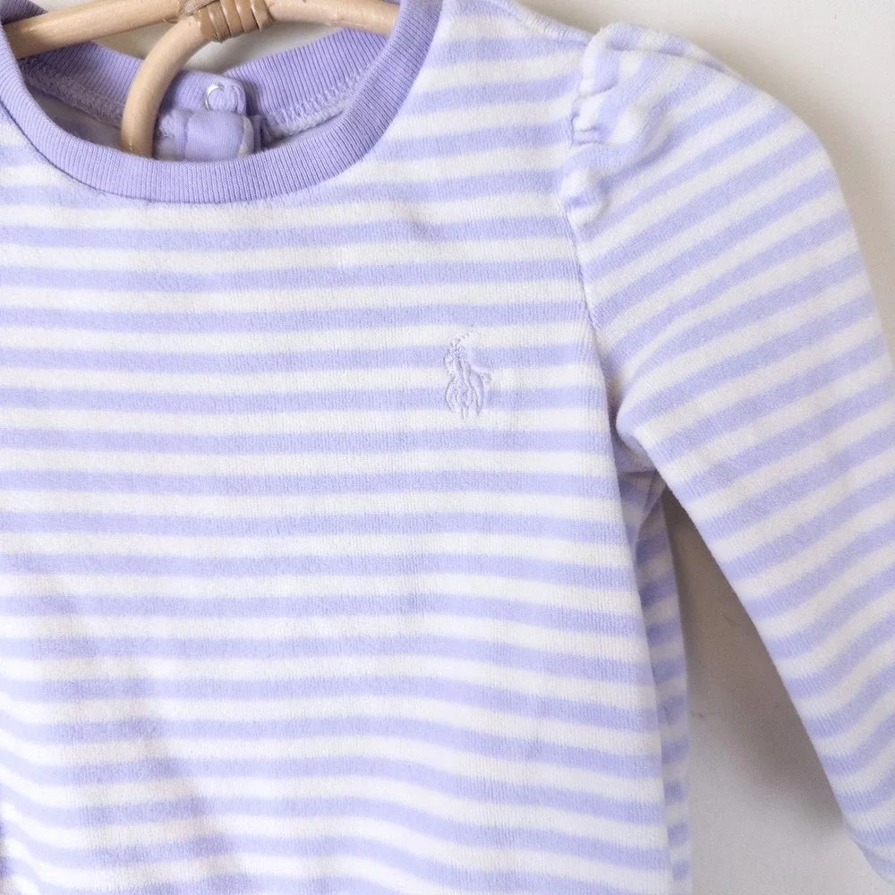 Ralph Lauren Velour Dress Baby 9M‎ Purple White Striped Ruffle Long Sleeve Pony